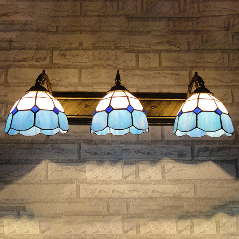 Mediterranean Dome Vanity Lighting Stained Glass 3 Lights Wall Sconce Light in Aged Brass
