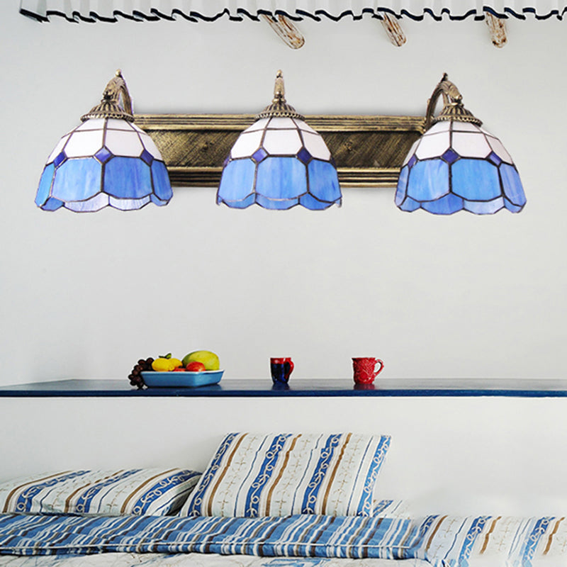 Mediterranean Dome Vanity Lighting Stained Glass 3 Lights Wall Sconce Light in Aged Brass
