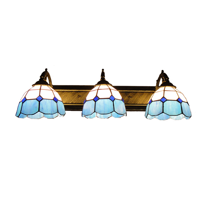Mediterranean Dome Vanity Lighting Stained Glass 3 Lights Wall Sconce Light in Aged Brass