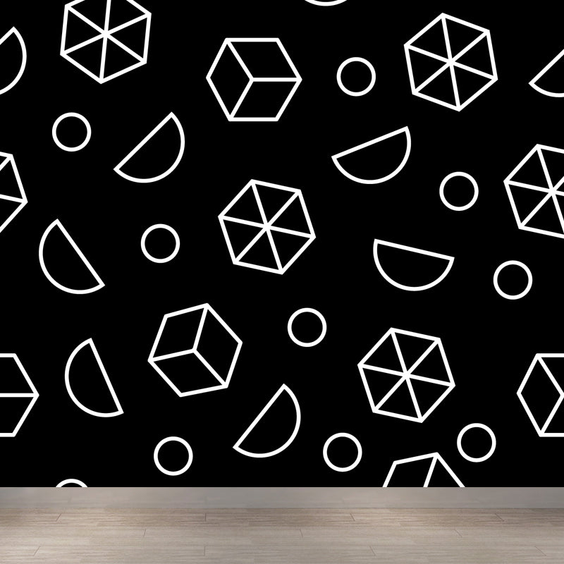 Modern Geometric Wall Paper Mural for Kids Room Custom Wall Covering in Black-White