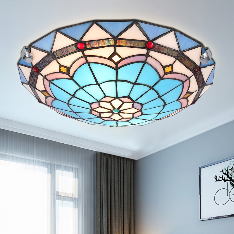 12"/16"/19.5" Wide Baroque Bowl Flush Ceiling Light Stained Glass Indoor Flush Mount Light in Blue/Blue-Brown