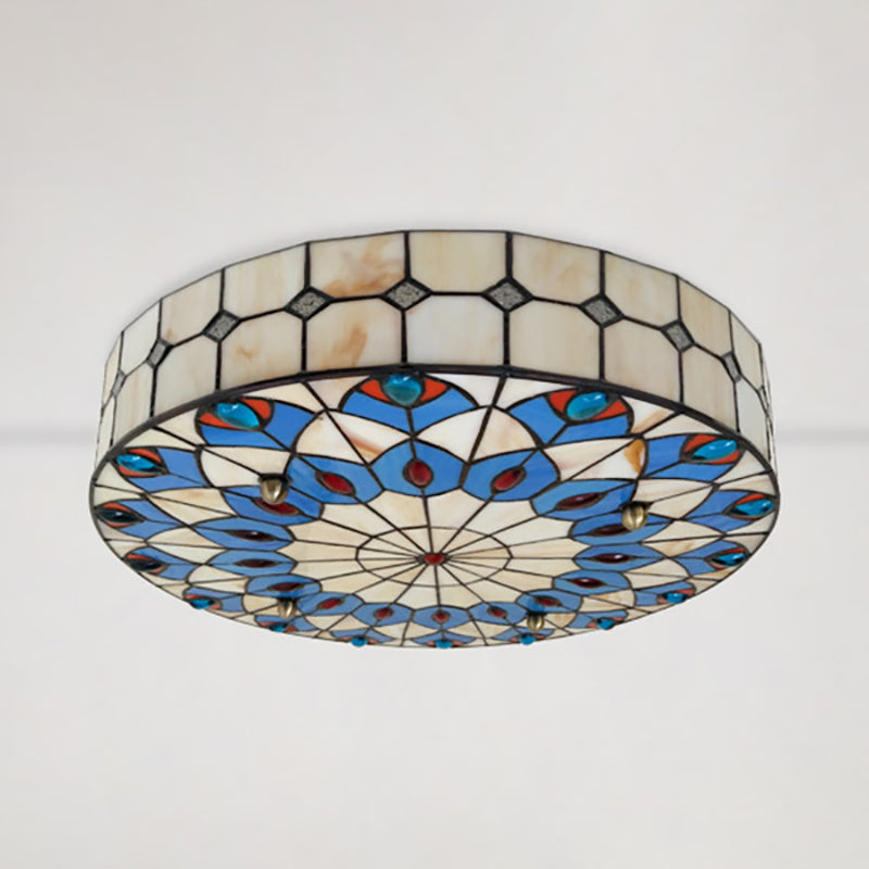 16"/18" W Round Shade Flushmount Tiffany Blue Flush Ceiling Light with Peacock Design for Restaurant