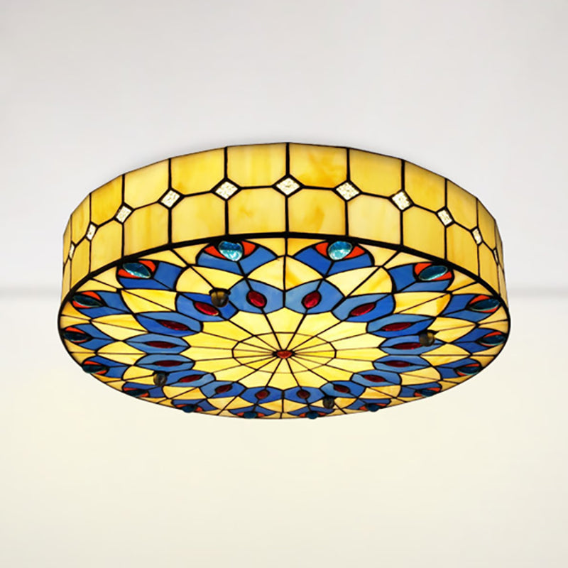 16"/18" W Round Shade Flushmount Tiffany Blue Flush Ceiling Light with Peacock Design for Restaurant