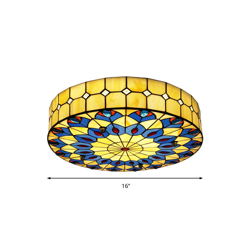 16"/18" W Round Shade Flushmount Tiffany Blue Flush Ceiling Light with Peacock Design for Restaurant