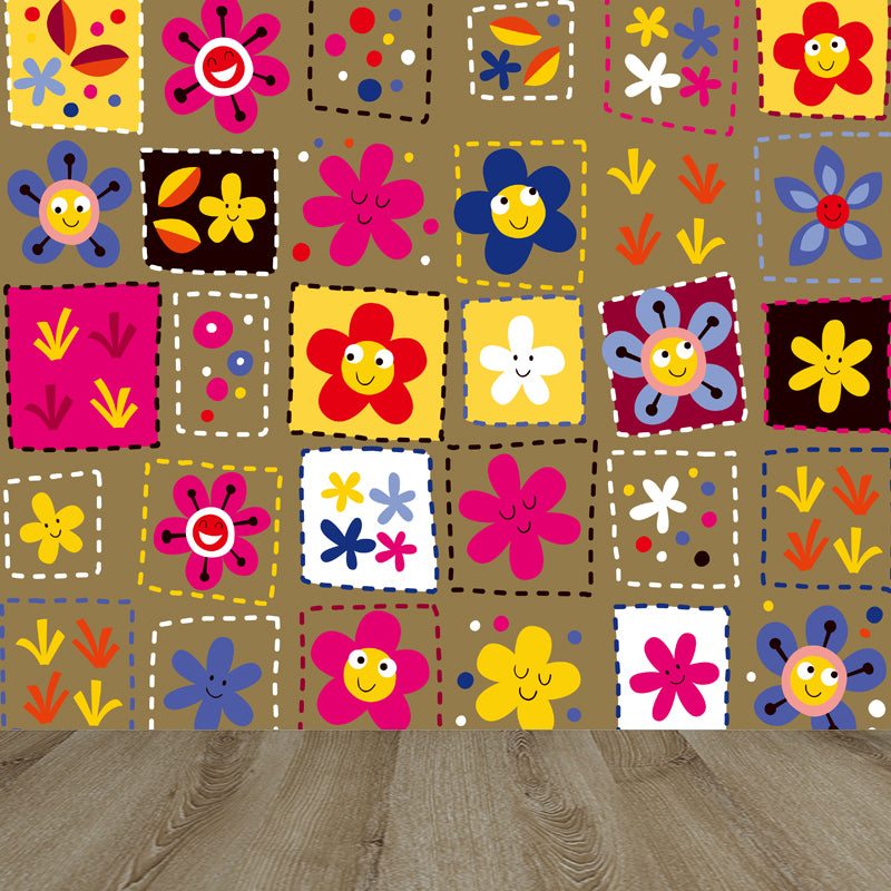 Colorful Flower Print Mural Decal Moisture Resistant Cartoon Nursery Wall Covering