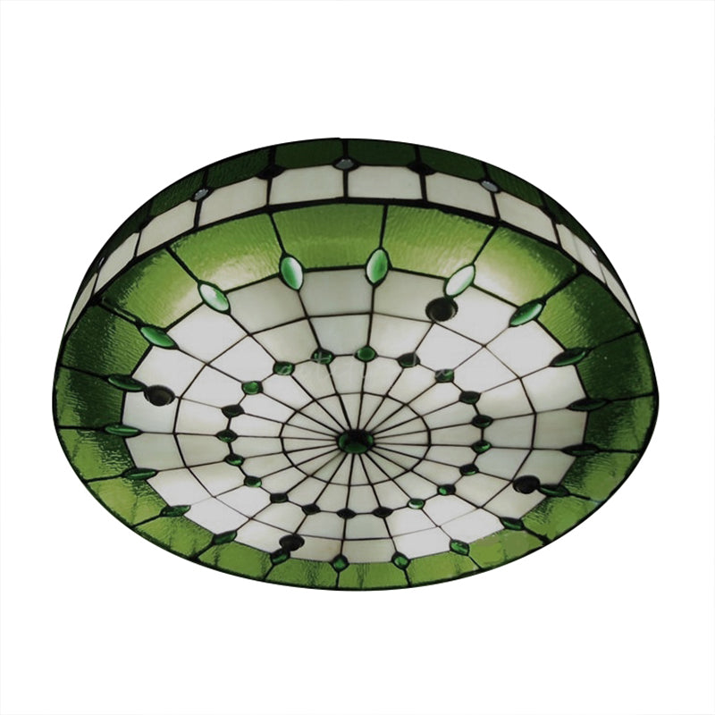 Green Round Ceiling Light Fixture Retro Style Stained Glass 3 Lights Flush Mount Ceiling Fixture