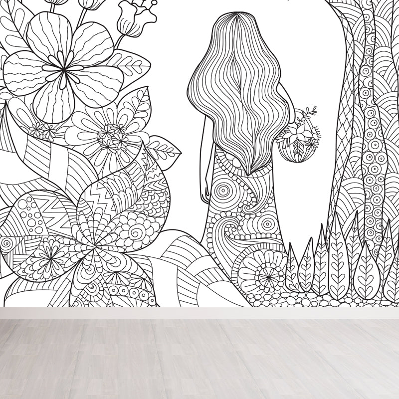 Art Deco Blossoming Wall Mural Black and White Stain-Proof Wall Covering for Girls Room