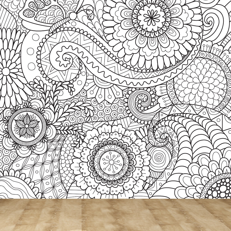 Art Deco Blossoming Wall Mural Black and White Stain-Proof Wall Covering for Girls Room