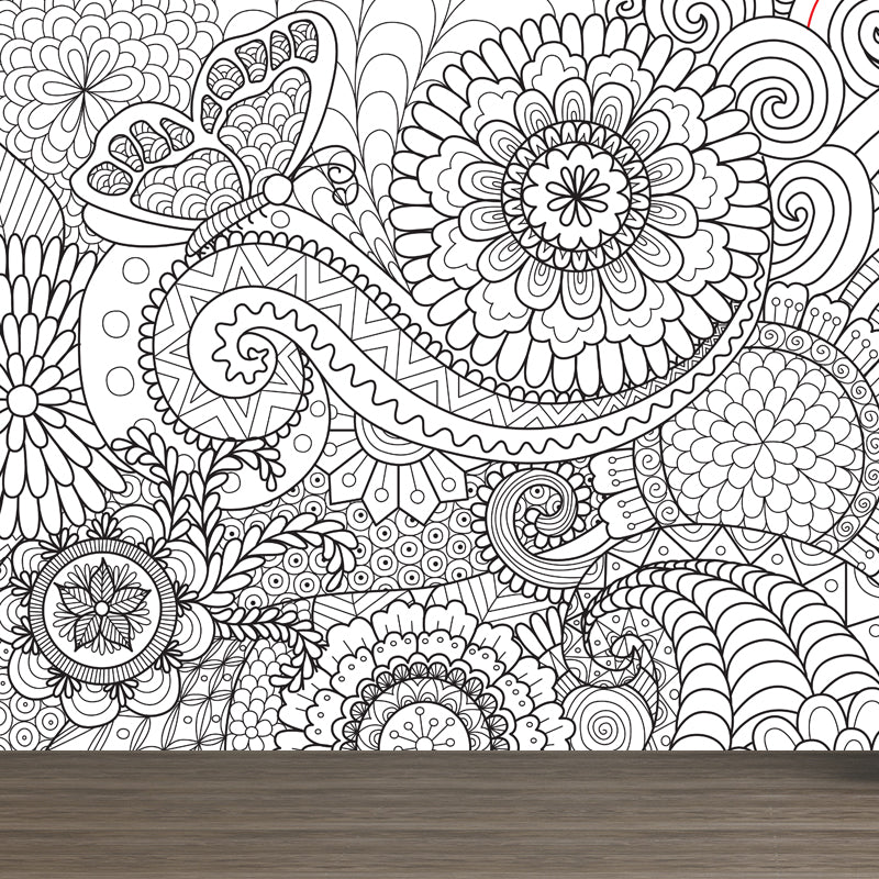 Art Deco Blossoming Wall Mural Black and White Stain-Proof Wall Covering for Girls Room