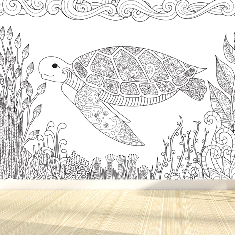 Hand-Print Fairy Tales Mural Black and White Cartoon Wall Decor for Childrens Room