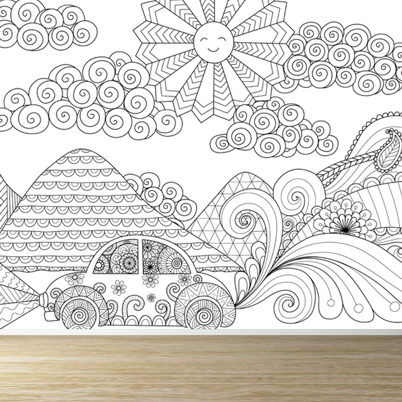 Hand-Print Fairy Tales Mural Black and White Cartoon Wall Decor for Childrens Room