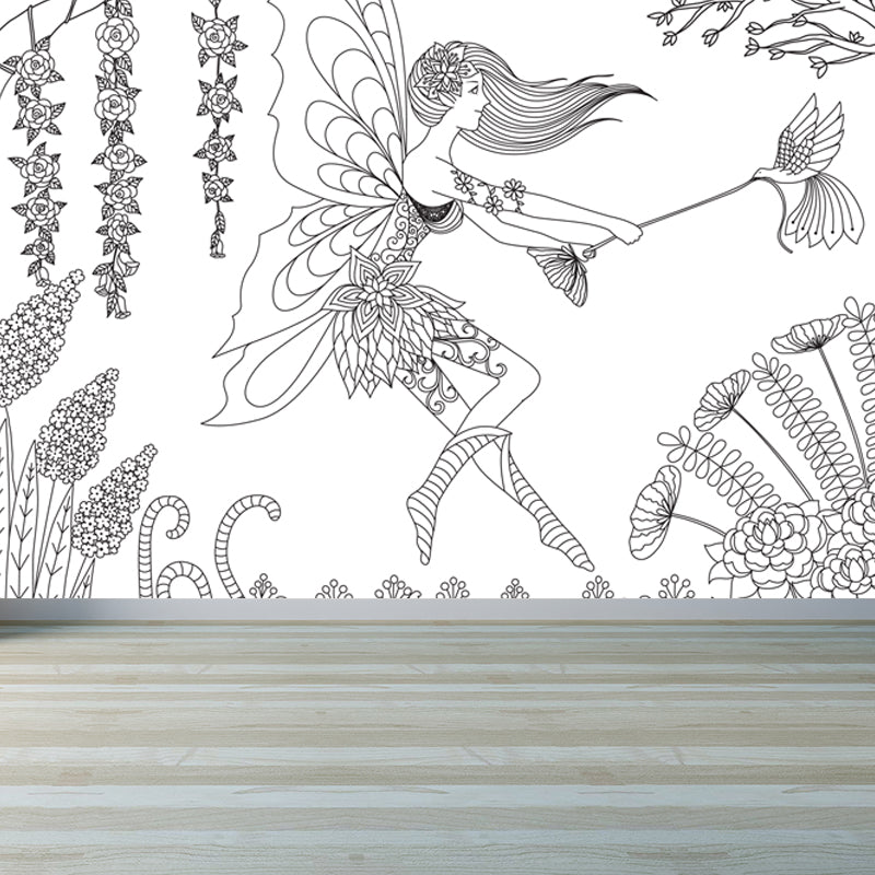 Hand-Print Fairy Tales Mural Black and White Cartoon Wall Decor for Childrens Room