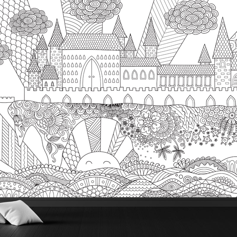 Full Size Cartoon Wallpaper Mural Black and White Hand Print Landscape Wall Covering, Custom Made