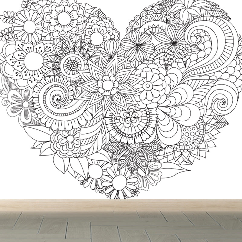 Full Size Cartoon Wallpaper Mural Black and White Hand Print Landscape Wall Covering, Custom Made