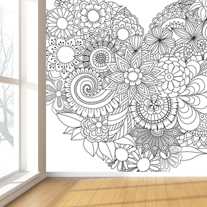 Full Size Cartoon Wallpaper Mural Black and White Hand Print Landscape Wall Covering, Custom Made