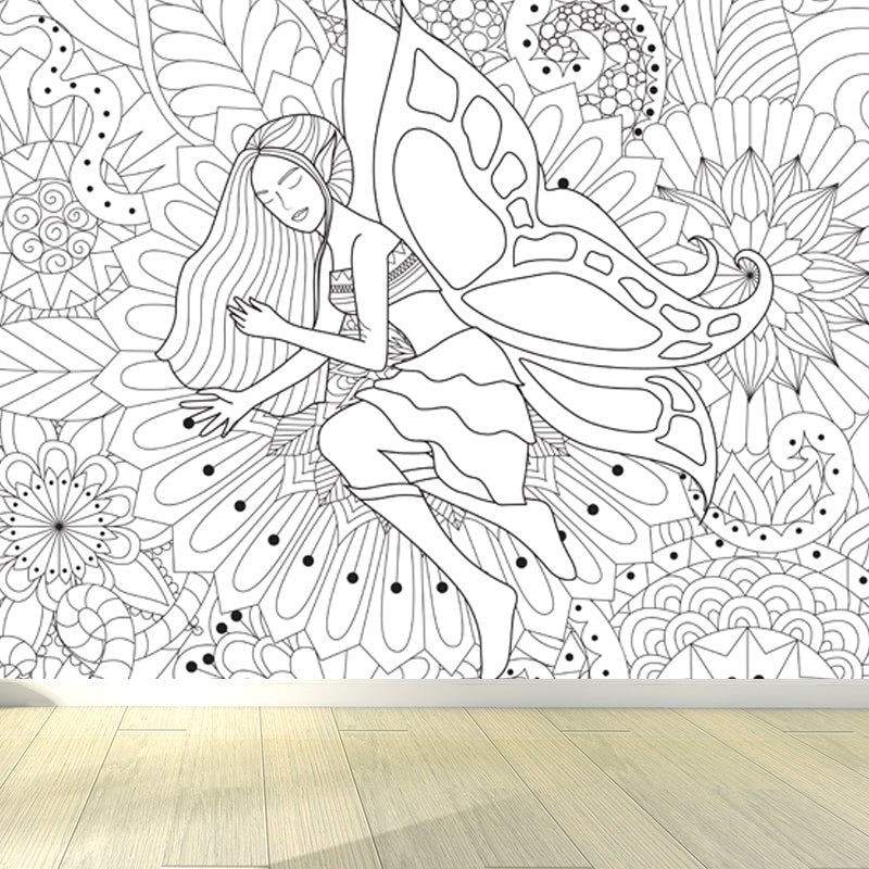 Full Size Cartoon Wallpaper Mural Black and White Hand Print Landscape Wall Covering, Custom Made