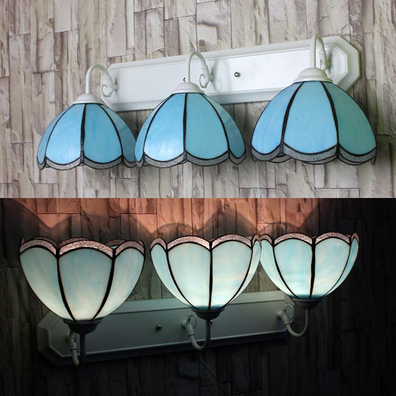 Petal Wall Lighting Fixture Tiffany Blue Glass 1 Head White Sconce Light with Linear Backplate