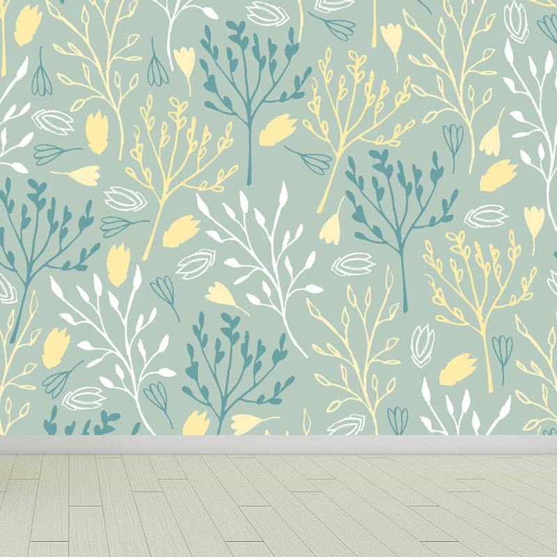 Botanical Print Mural Wallpaper Pastel Color Contemporary Wall Covering for Bedroom