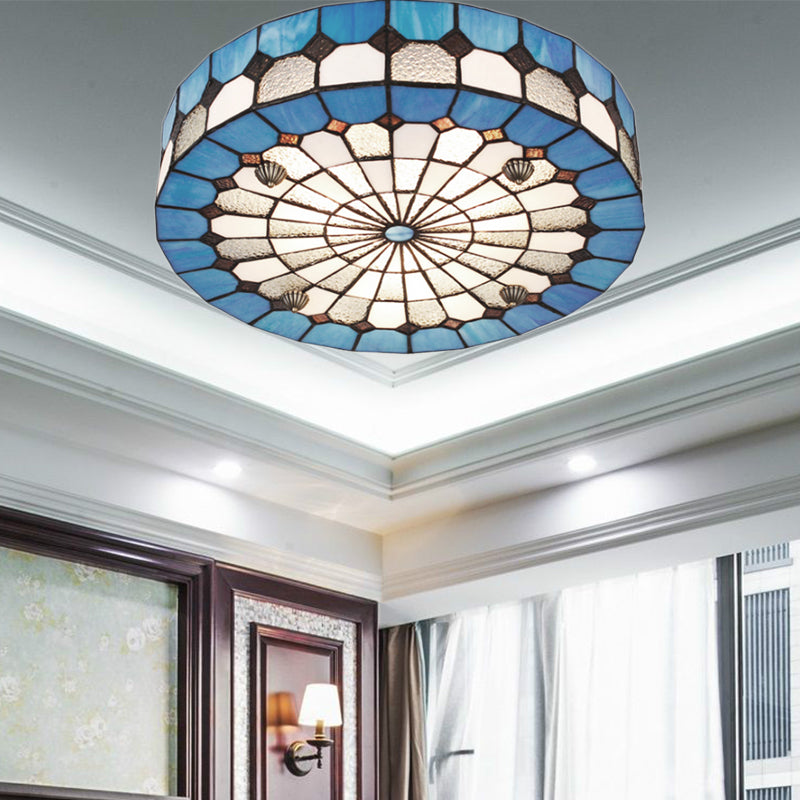 16"/23.5" W Round Ceiling Light Fixture Tiffany Style Stained Glass 3/4 Lights Flushmount Light in Blue for Living Room