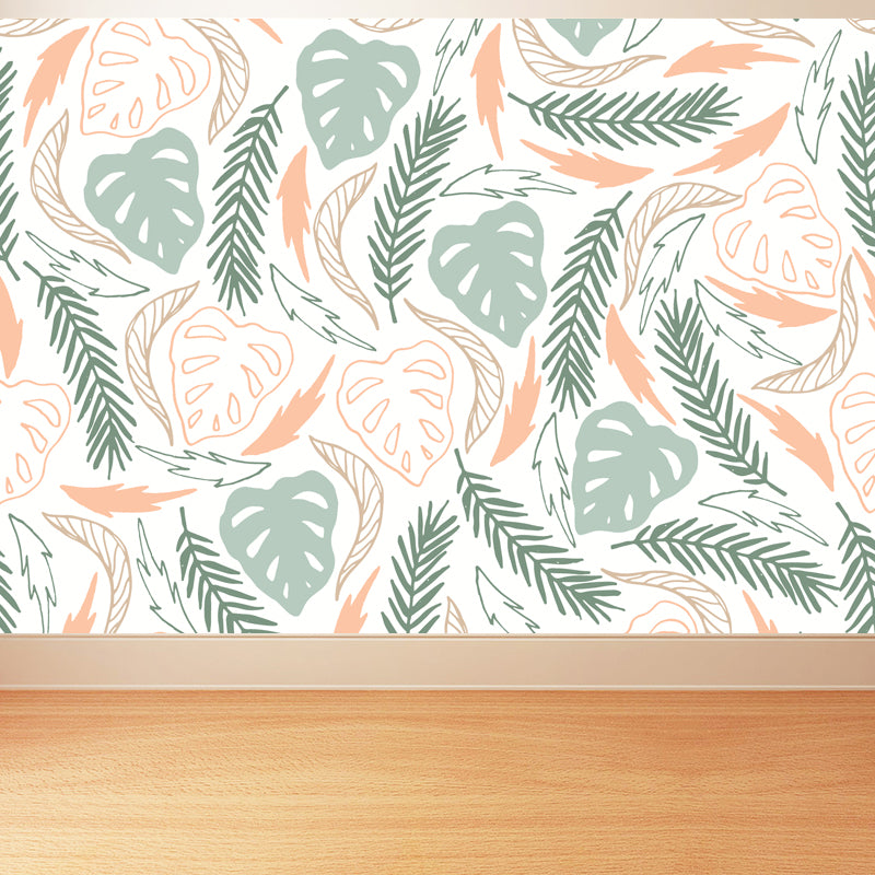 Modern Leaves Mural Decal Light Color Stain Resistant Wall Covering for Bathroom