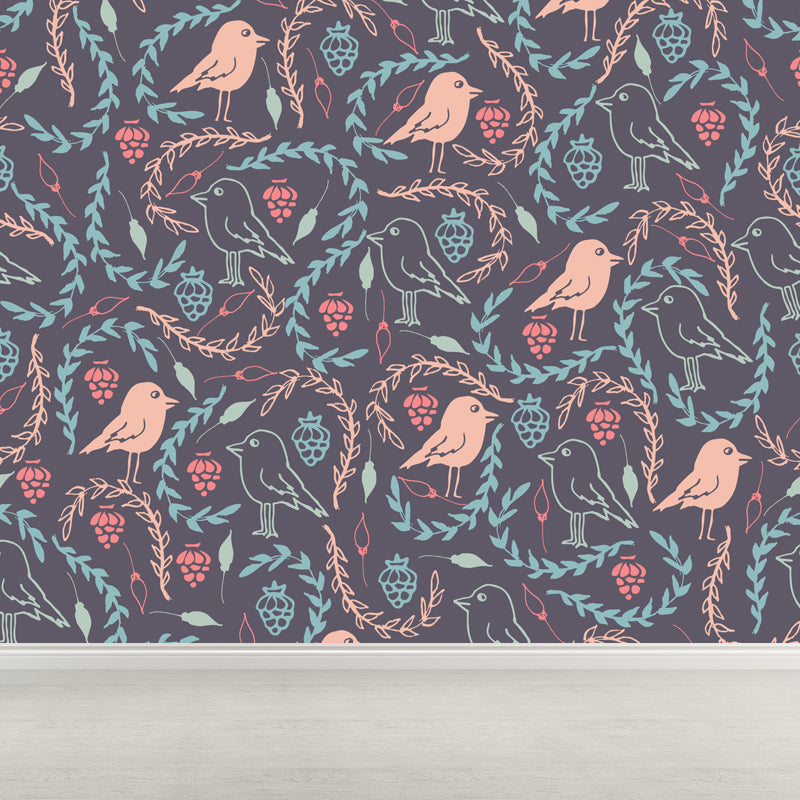 Illustration Leaves Pattern Wall Mural for Living Room, Pastel Color, Personalized