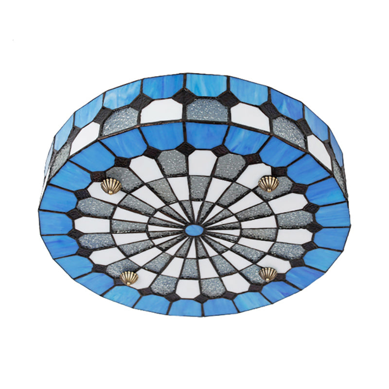 16"/23.5" W Round Ceiling Light Fixture Tiffany Style Stained Glass 3/4 Lights Flushmount Light in Blue for Living Room