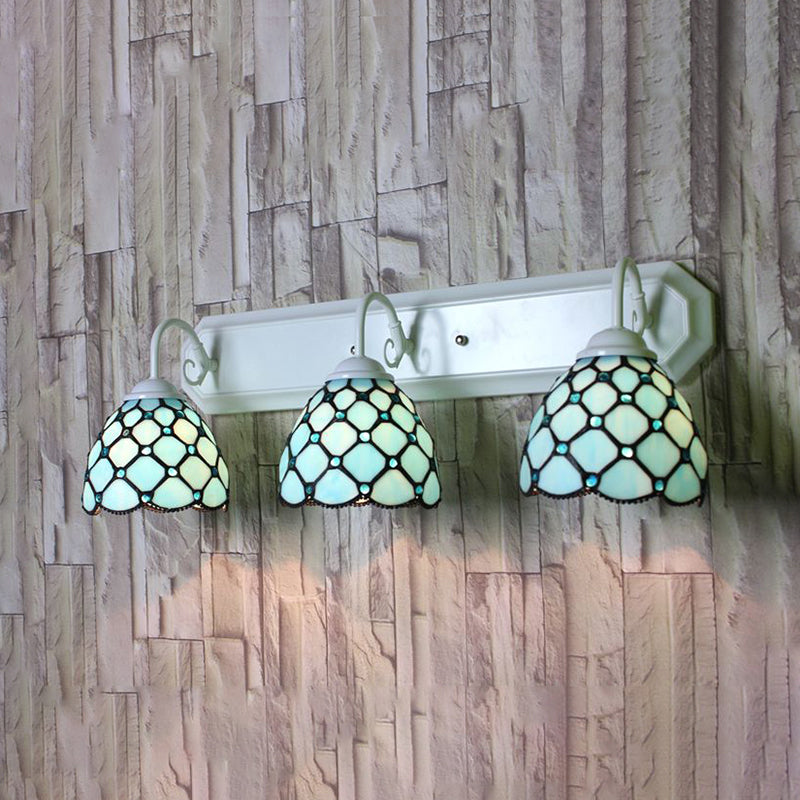 3 Heads Dome Wall Mounted Light Tiffany Blue Glass Sconce Light Fixture with Linear Backplate