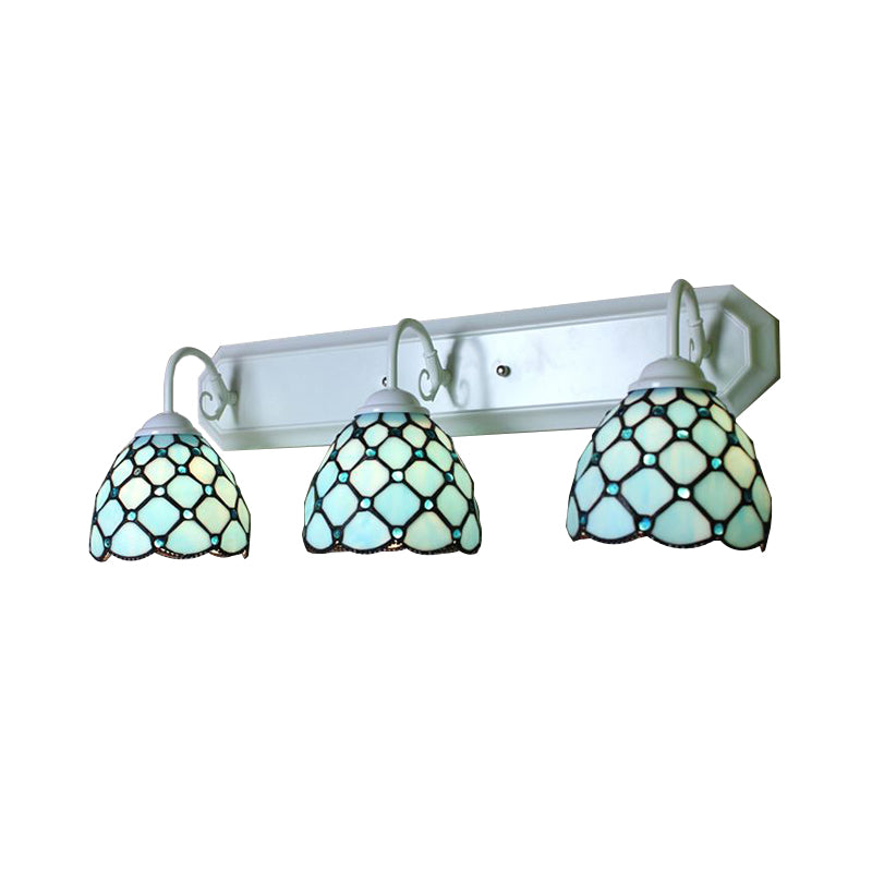 3 Heads Dome Wall Mounted Light Tiffany Blue Glass Sconce Light Fixture with Linear Backplate