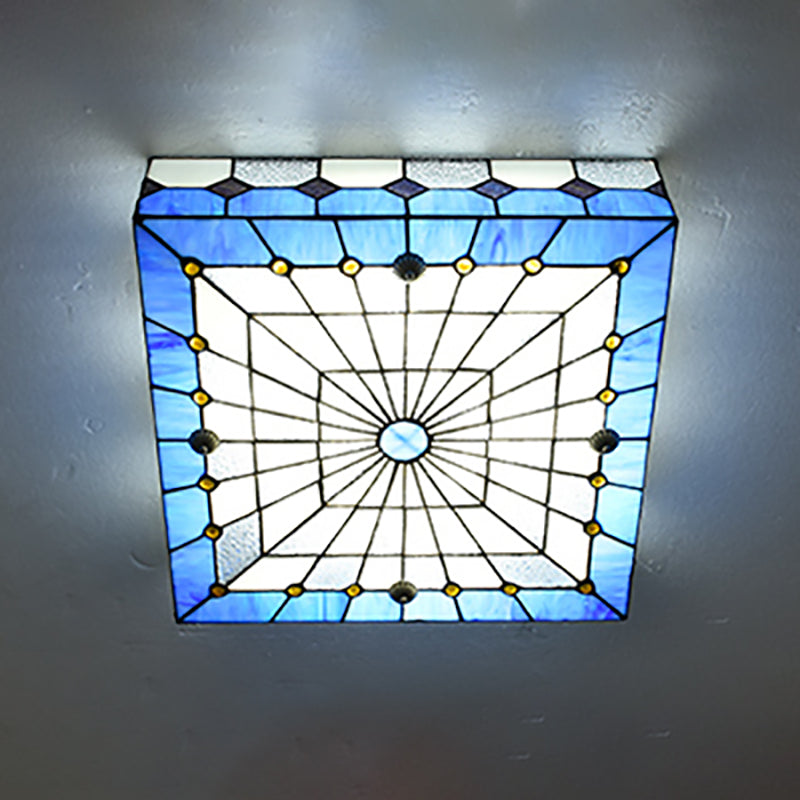 12 "/16" W Blu Quadrato Flushmount Luce Tiffany Stile Vetro Colorato 1 Luce Plafoniera Illuminazione per Sala da pranzo