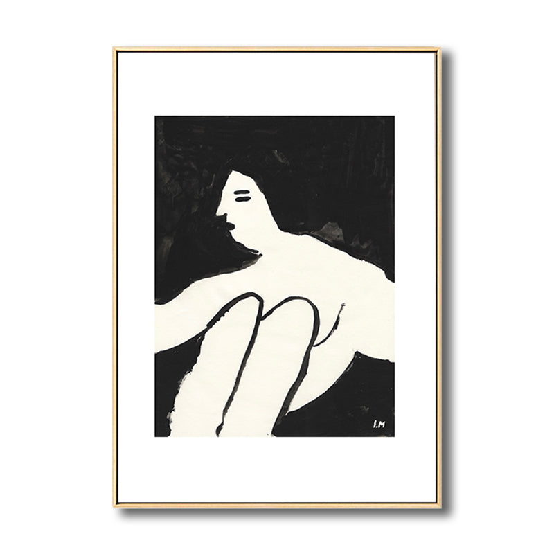 Sitting Maiden Painting Nordic Style Canvas Wall Art Decor in White for Bathroom