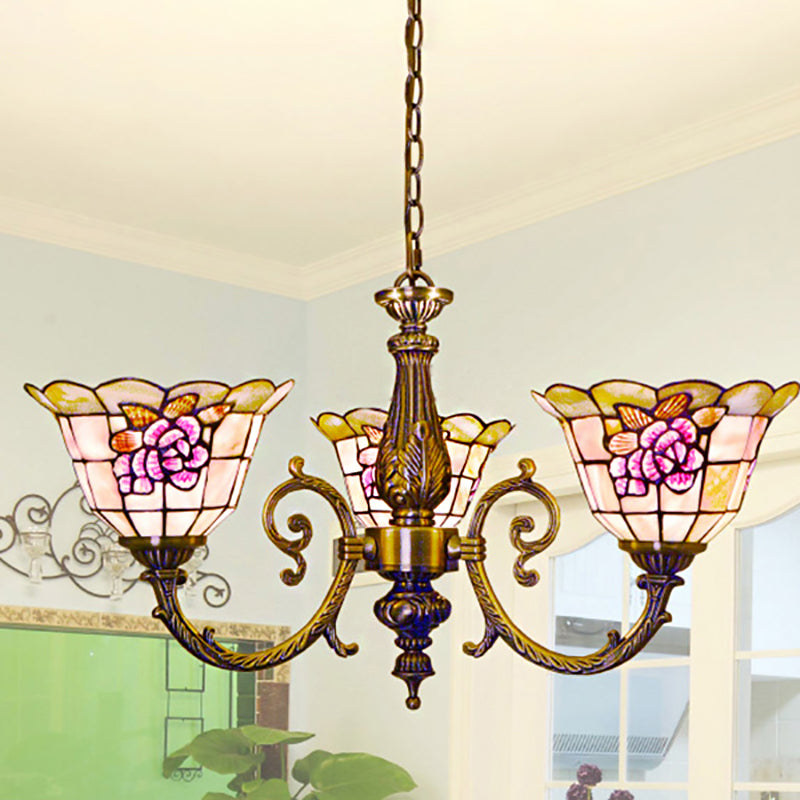 Forme de cloche suspendu lampe rétro en vitrail 3 têtes Lumière de lustre de fleur avec chaîne pour chambre à coucher
