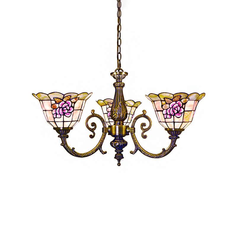 Forme de cloche suspendu lampe rétro en vitrail 3 têtes Lumière de lustre de fleur avec chaîne pour chambre à coucher