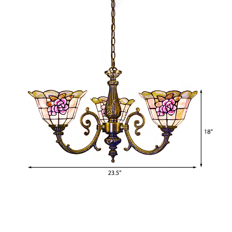 Forme de cloche suspendu lampe rétro en vitrail 3 têtes Lumière de lustre de fleur avec chaîne pour chambre à coucher
