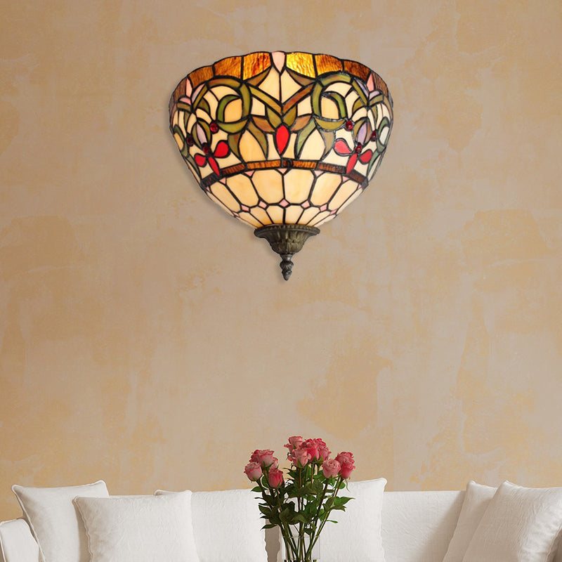 Rustic Bowl Wall Sconce Lighting Stained Glass 1 Bulb Wall Lighting in Multi Color for Staircase
