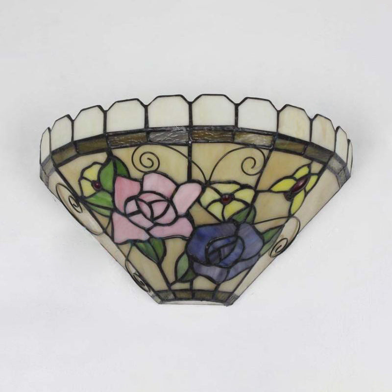 1 Light Beige Cone Wall Sconce Light with Flower and Butterfly Stained Glass Wall Lighting