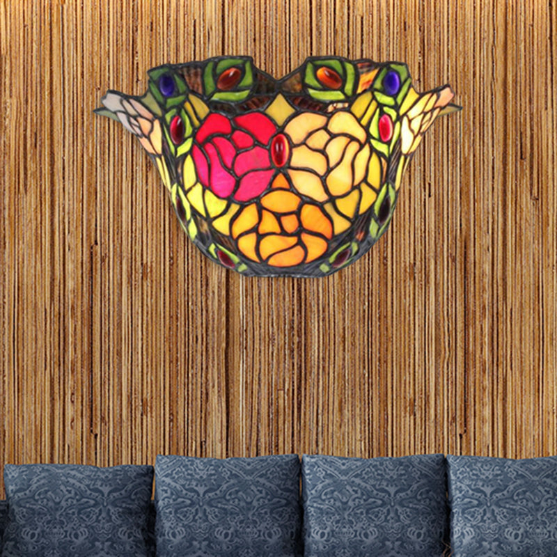 Floral Wall Sconce Light with Rose and Jewel Stained Glass 1 Light Rustic Art Deco Wall Lighting for Foyer