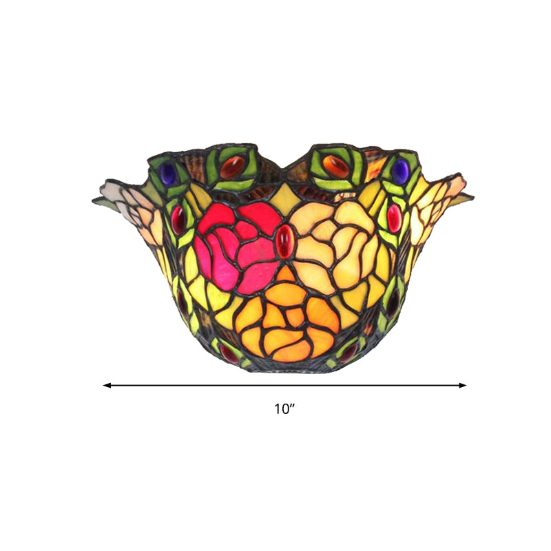 Floral Wall Sconce Light with Rose and Jewel Stained Glass 1 Light Rustic Art Deco Wall Lighting for Foyer