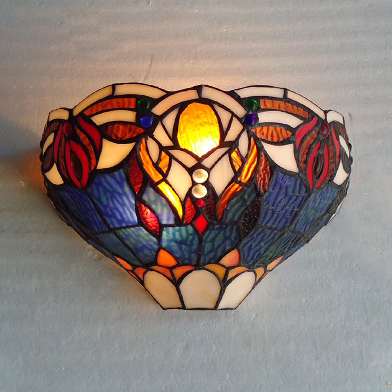 Tiffany Style Blue and Brown Bowl Wall Lamp 1 Light Art Glass Sconce Light for Living Room