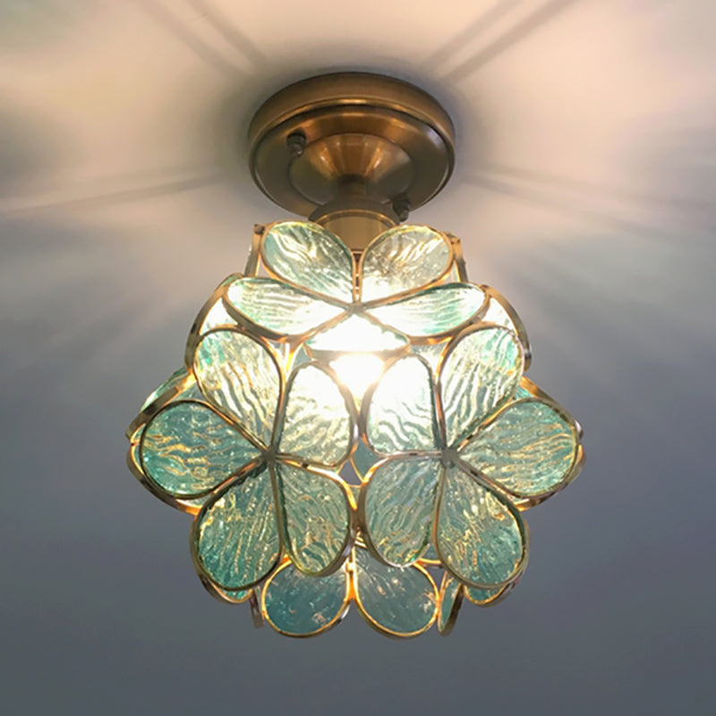 1 Light Pink/Blue/Green/Clear Floral Ceiling Light Fixture Retro Style Stained Glass Flushmount Light for Hallway