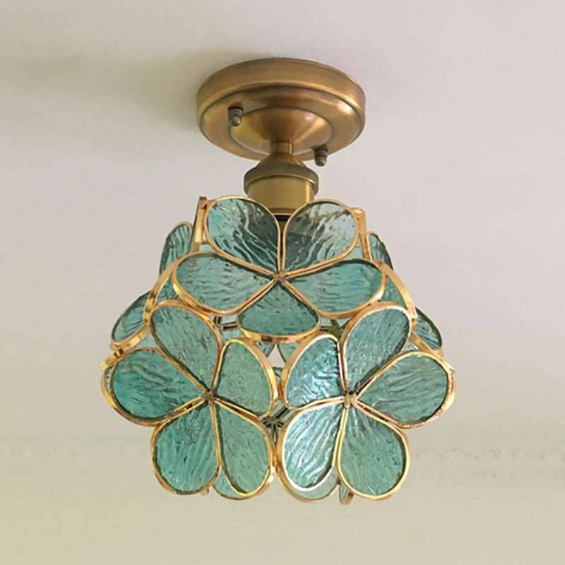 1 Light Pink/Blue/Green/Clear Floral Ceiling Light Fixture Retro Style Stained Glass Flushmount Light for Hallway