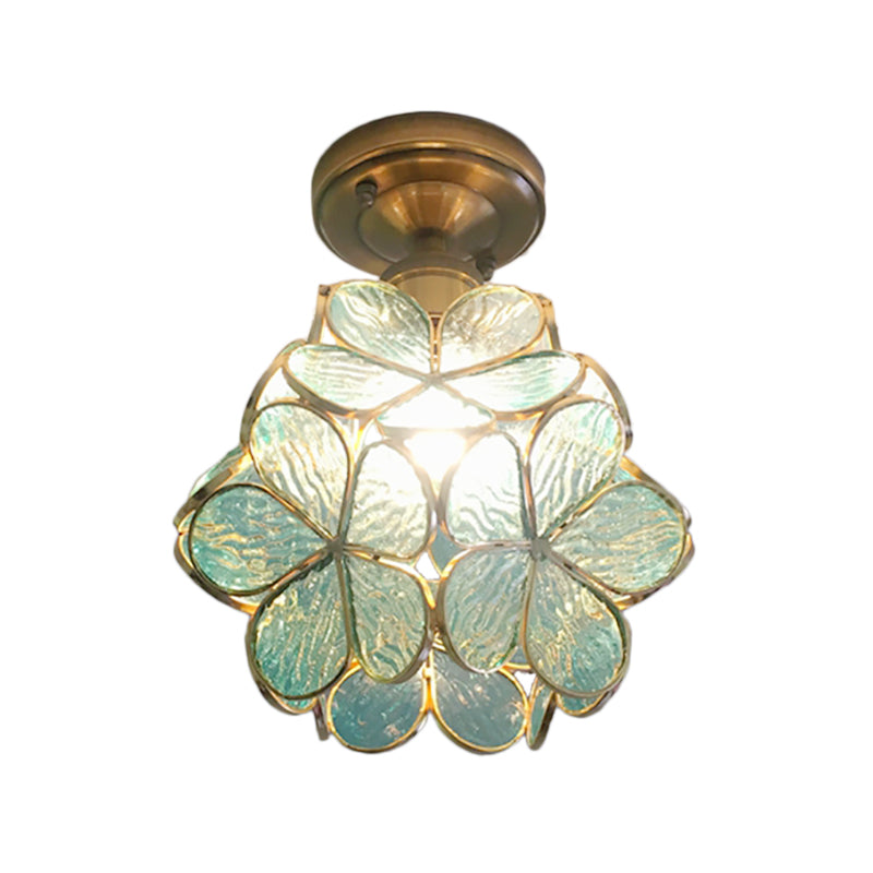1 Light Pink/Blue/Green/Clear Floral Ceiling Light Fixture Retro Style Stained Glass Flushmount Light for Hallway
