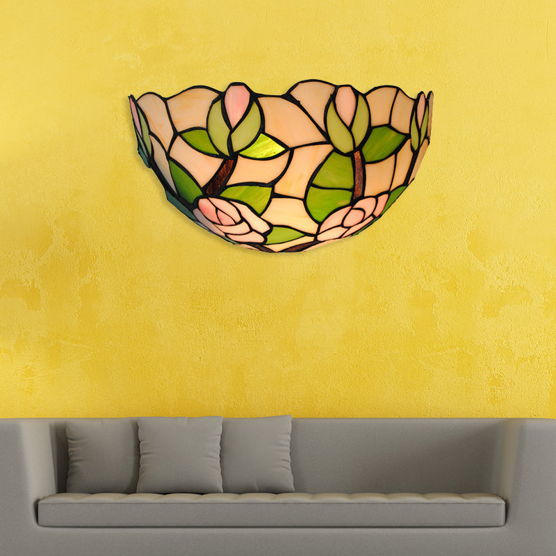Green Bowl Wall Mount Light with Pink Rose Rustic 1 Head Stained Glass Mini Wall Lamp