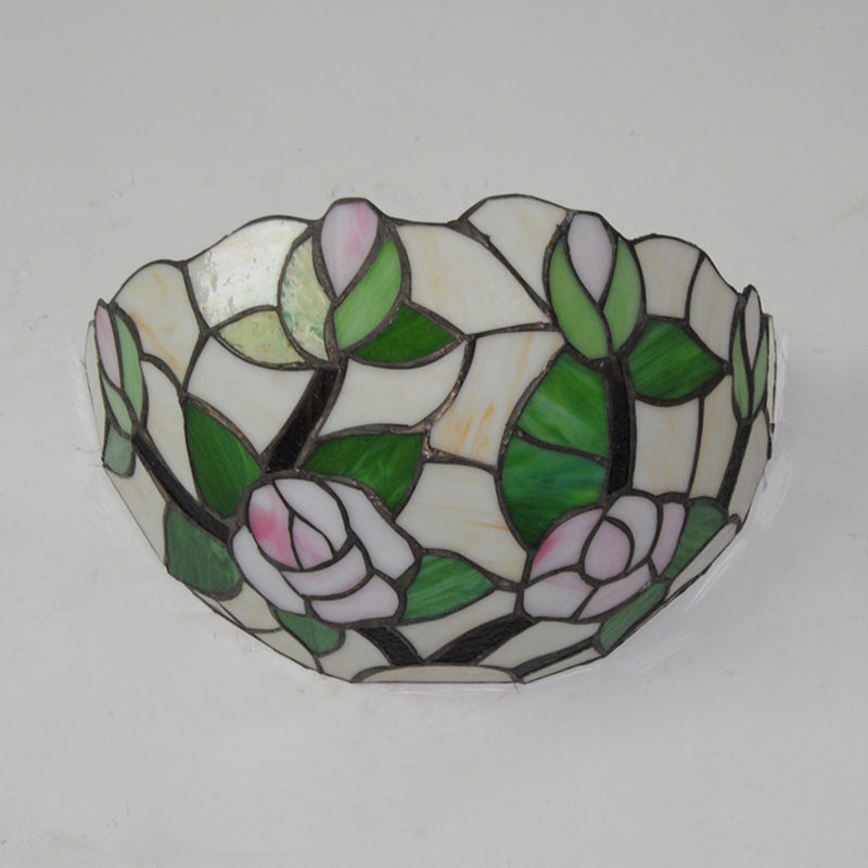 Green Bowl Wall Mount Light with Pink Rose Rustic 1 Head Stained Glass Mini Wall Lamp