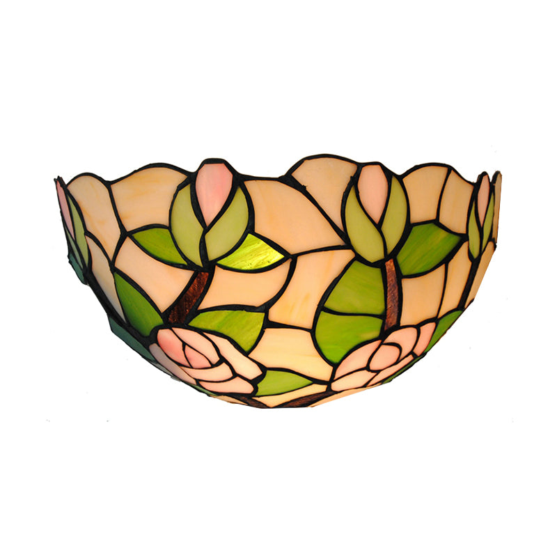 Green Bowl Wall Mount Light with Pink Rose Rustic 1 Head Stained Glass Mini Wall Lamp