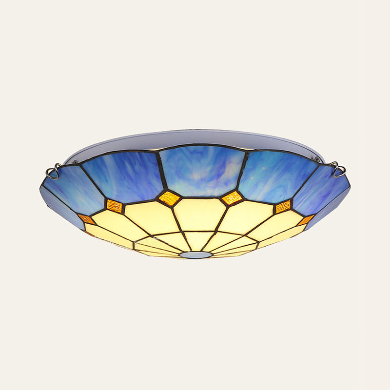 12"/16"/19.5" W Tiffany Blue/Light Blue Flush Ceiling Light with Bowl Shade Stained Glass Flushmount for Living Room