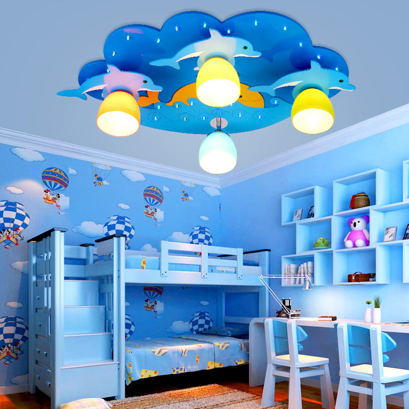 Nautical Style Sea Ceiling Light with Dolphin 4 Lights Wood Flush Mount Light in Blue for Kindergarten