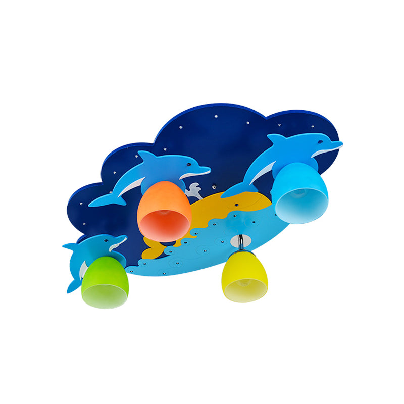 Nautical Style Sea Ceiling Light with Dolphin 4 Lights Wood Flush Mount Light in Blue for Kindergarten