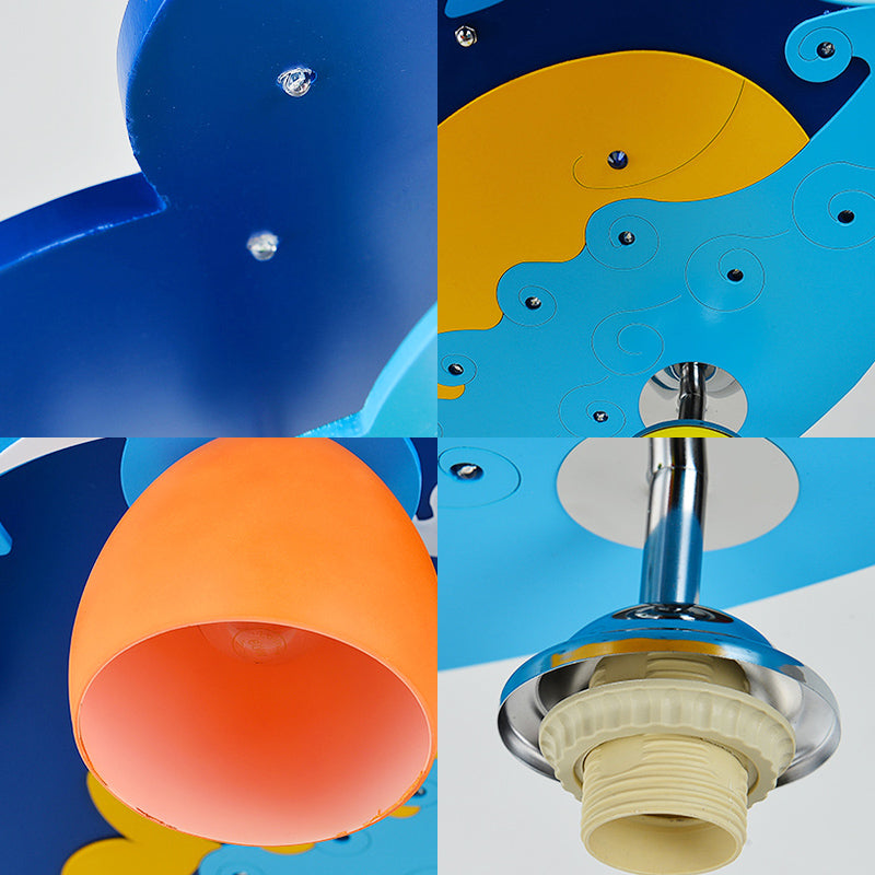 Nautical Style Sea Ceiling Light with Dolphin 4 Lights Wood Flush Mount Light in Blue for Kindergarten