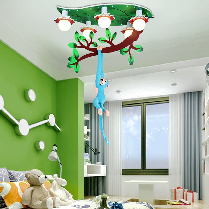 Salle de soins infirmiers Ceiling Fixture with Hanging Monkey Wood 4 Lights Green Ceiling Mount Light