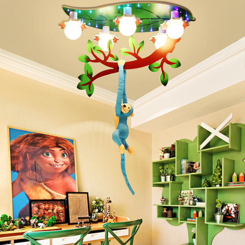 Salle de soins infirmiers Ceiling Fixture with Hanging Monkey Wood 4 Lights Green Ceiling Mount Light